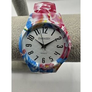Embassy Women Pink Floral EM3888L 6.5" Cuff Bangle 38MM Watch New Battery U